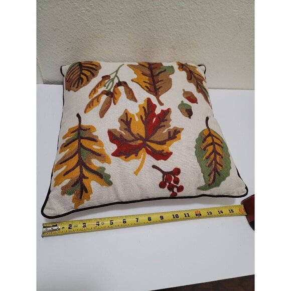Set Of 2 Autumn Embroidery Leaf Pattern Throw Pillow Covers With Piping 16" Squa - Picture 5 of 6